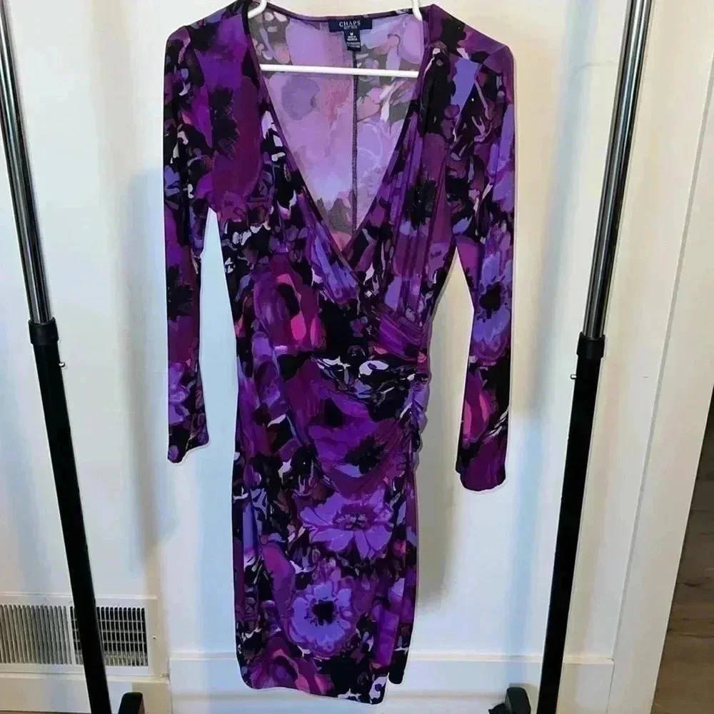 Chaps Women’s V-neck Wrap Purple Dress 080126